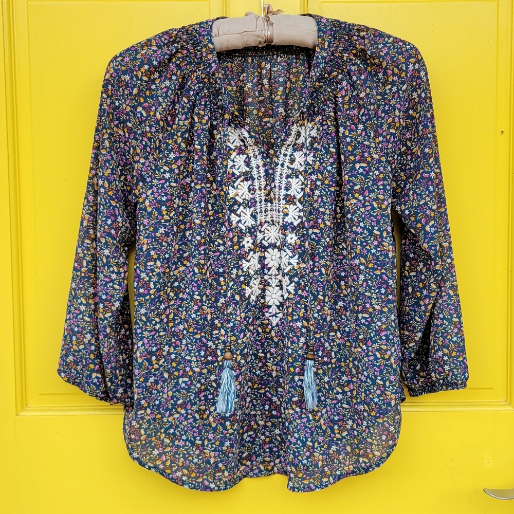 Maison & Belle Embroidered Floral Boho Peasant Blouse Tassel Tie